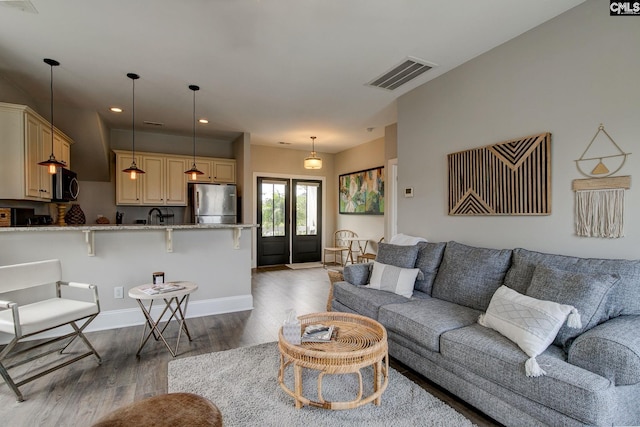 living room featuring dark wood-type flooring