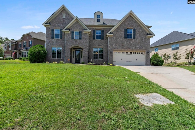 view of front of property with a garage and a front lawn