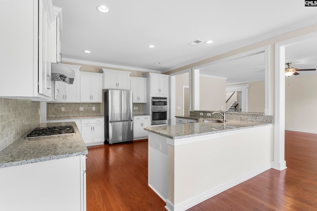 kitchen featuring kitchen peninsula, light stone countertops, dark hardwood / wood-style flooring, stainless steel appliances, and white cabinets