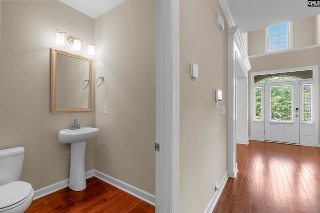 bathroom featuring wood-type flooring, toilet, and sink