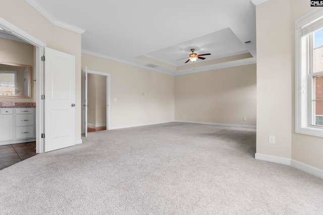 carpeted empty room with ceiling fan, a raised ceiling, and crown molding