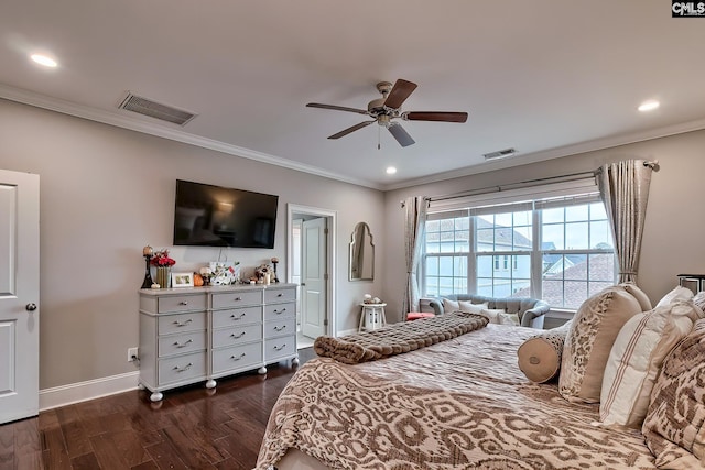 bedroom with dark hardwood / wood-style flooring, ceiling fan, and ornamental molding