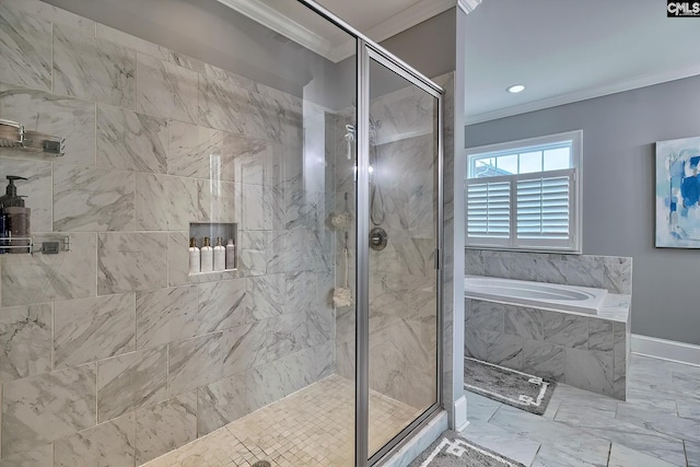 bathroom featuring crown molding and plus walk in shower