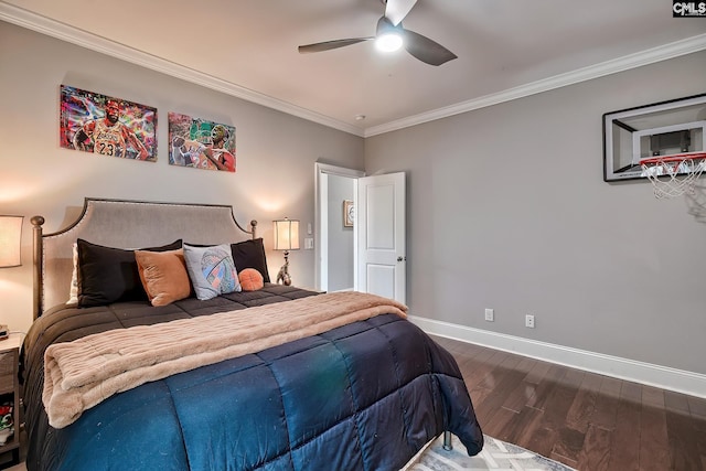 bedroom with ceiling fan, crown molding, and dark wood-type flooring