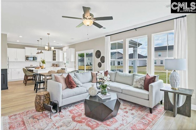 living room with ceiling fan and light wood-type flooring