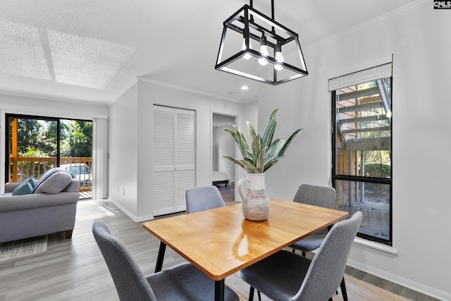 dining room with light hardwood / wood-style floors, an inviting chandelier, a wealth of natural light, and ornamental molding