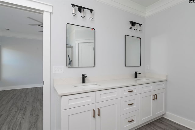 bathroom featuring vanity, wood-type flooring, and ornamental molding