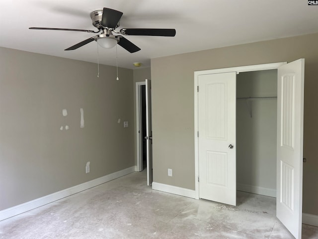 unfurnished bedroom with a closet and ceiling fan