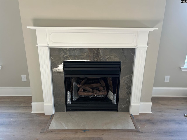 room details with a fireplace and hardwood / wood-style flooring