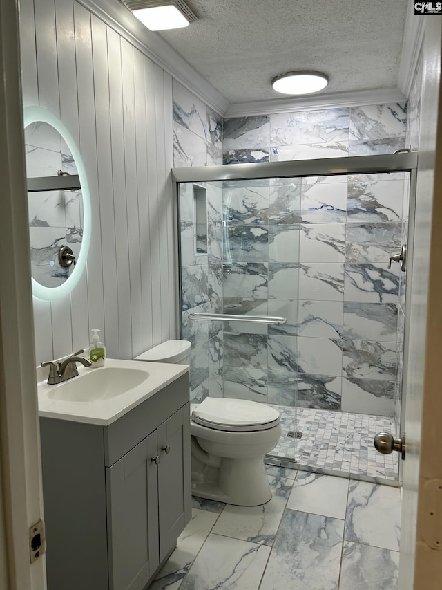 bathroom with a textured ceiling, walk in shower, and wooden walls