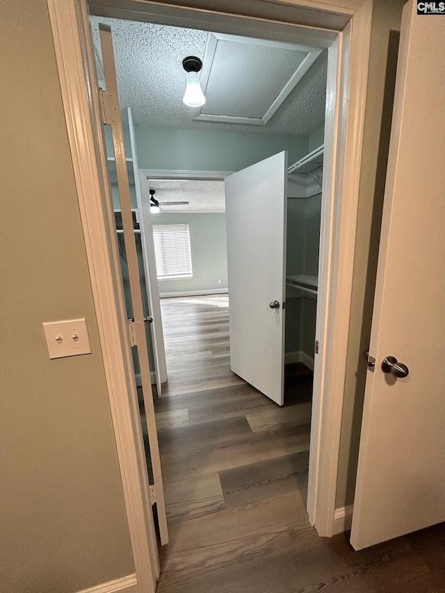 hallway with hardwood / wood-style floors and a textured ceiling