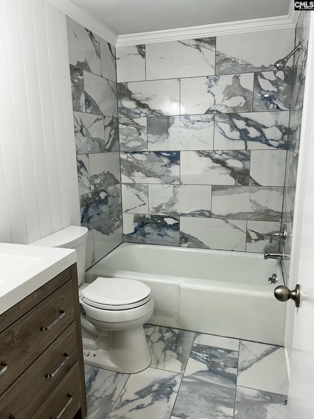 bathroom featuring vanity, toilet, and crown molding