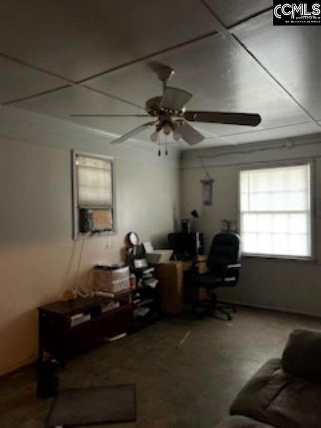 living room featuring ceiling fan and cooling unit