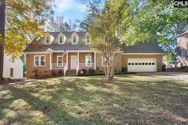 cape cod-style house with a front lawn, covered porch, and a garage