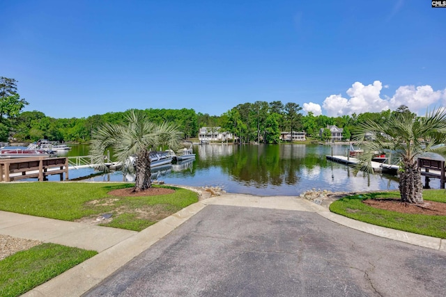 property view of water with a dock