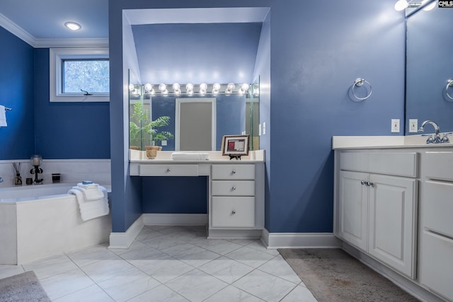 bathroom with vanity, a tub, and crown molding