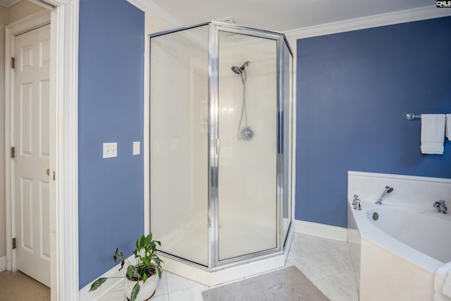 bathroom featuring tile patterned floors, ornamental molding, and plus walk in shower