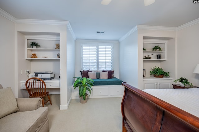 bedroom with light carpet and ornamental molding