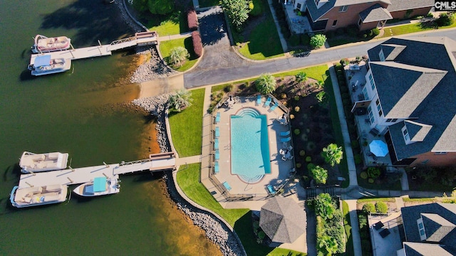 aerial view featuring a water view