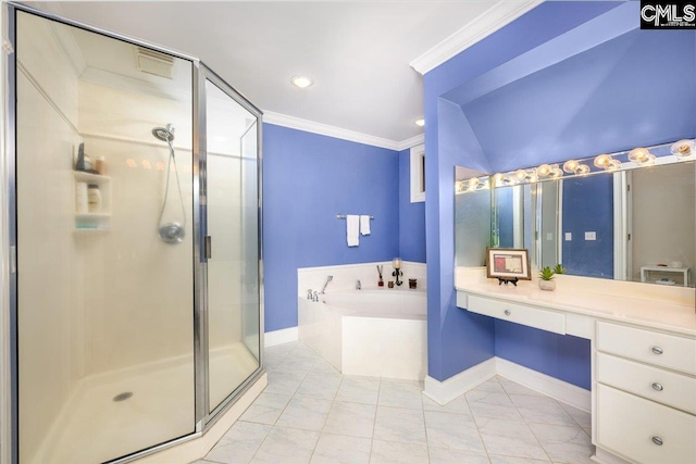 bathroom featuring crown molding, separate shower and tub, and vanity