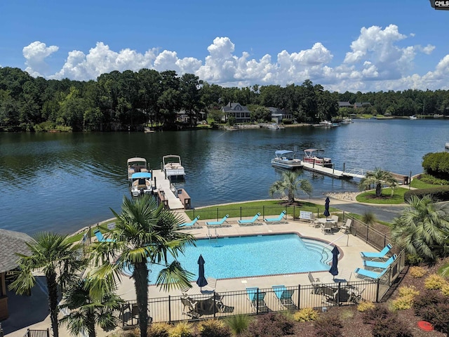 view of pool with a patio and a water view