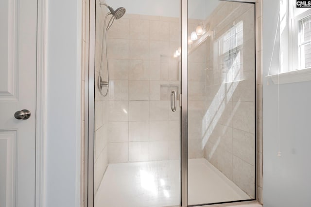 bathroom featuring a shower with shower door