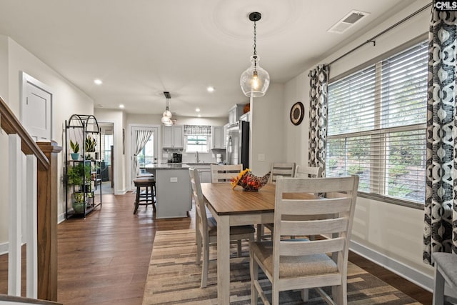 dining room with plenty of natural light, dark hardwood / wood-style flooring, and sink