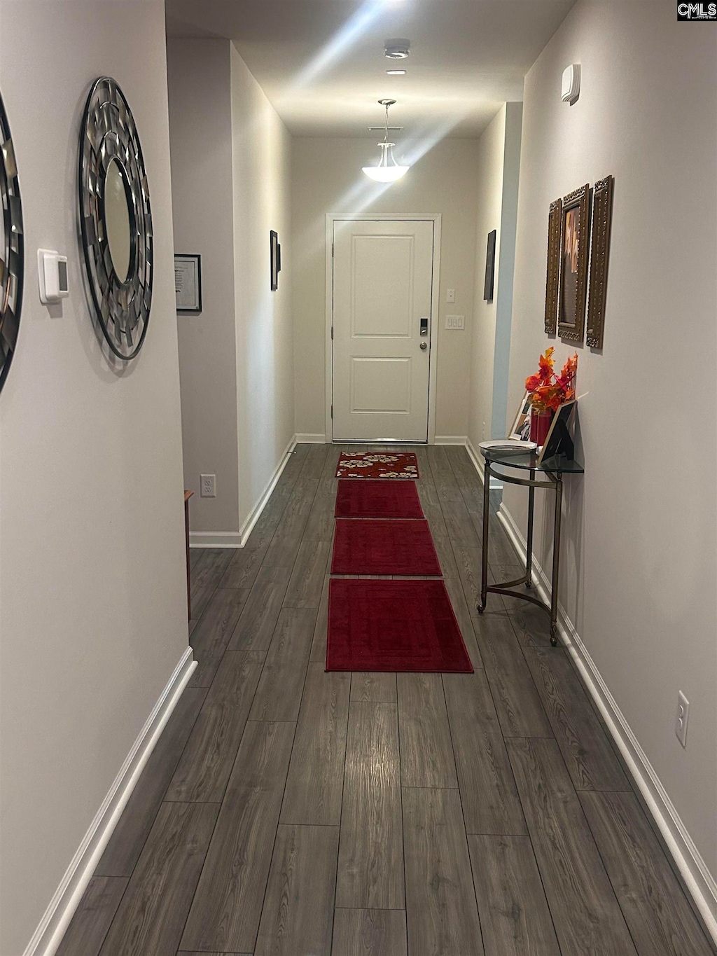 hallway with dark wood-type flooring