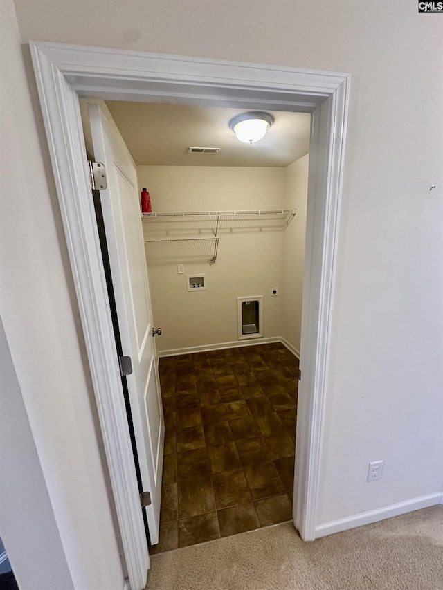 laundry area with dark colored carpet, hookup for a washing machine, and electric dryer hookup