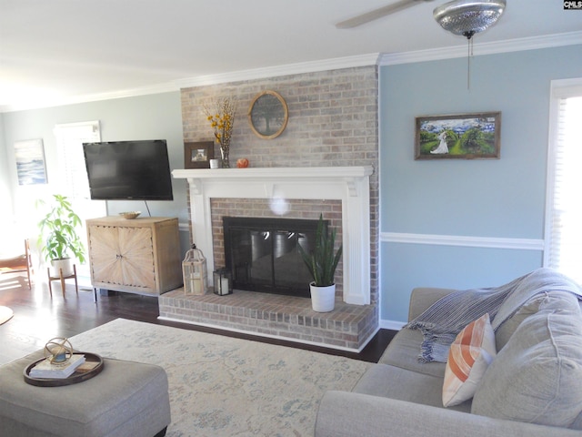 living room featuring ceiling fan, a fireplace, dark wood-type flooring, and ornamental molding