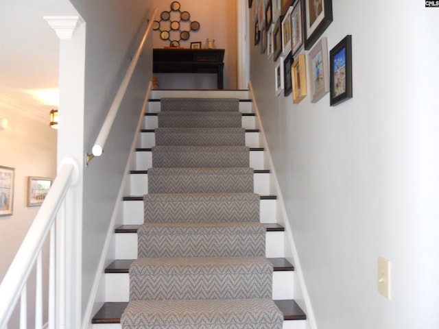 stairway featuring ornamental molding