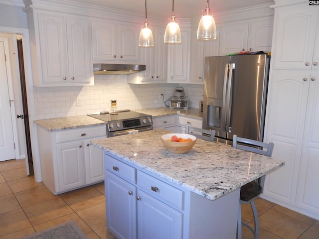 kitchen with white cabinetry, a center island, hanging light fixtures, stainless steel appliances, and exhaust hood