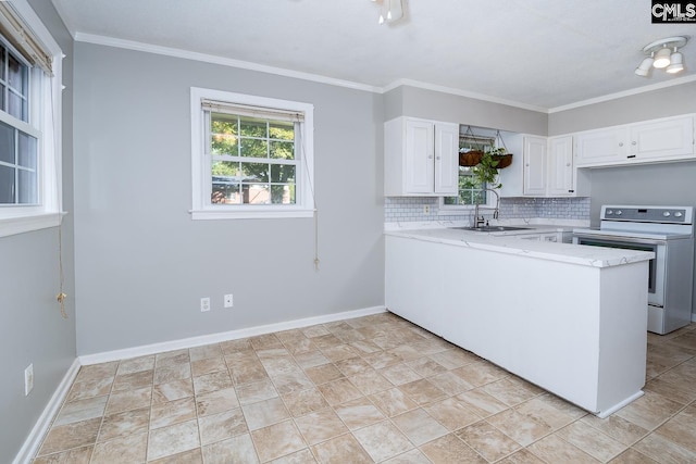 kitchen featuring kitchen peninsula, sink, electric range, tasteful backsplash, and white cabinetry