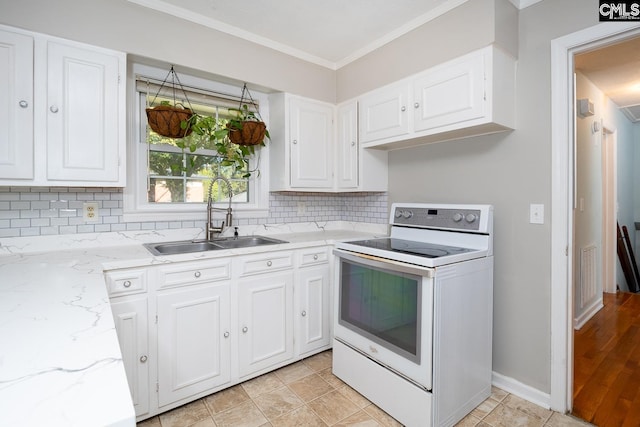 kitchen with crown molding, sink, light hardwood / wood-style flooring, white cabinets, and white electric range