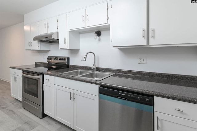 kitchen with white cabinets, sink, stainless steel appliances, and light hardwood / wood-style flooring