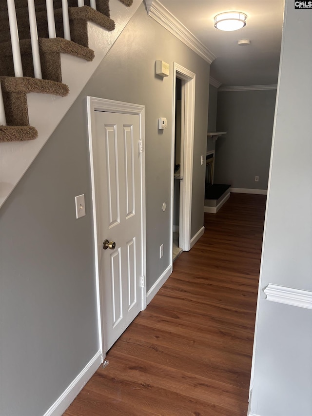 7602 Hunt Club Rd Unit I102, Columbia, SC 29223 - hallway featuring crown molding, wood finished floors, stairway, and baseboards