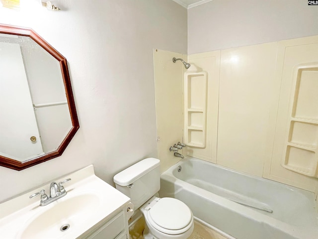 full bathroom featuring vanity, shower / bathtub combination, toilet, and ornamental molding