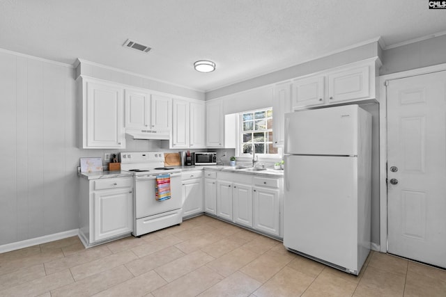 kitchen featuring white appliances, white cabinetry, ornamental molding, and sink