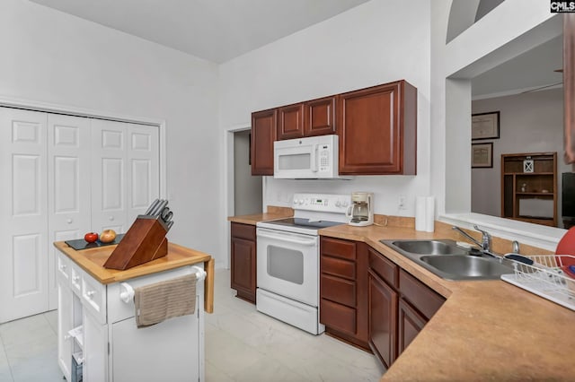 kitchen featuring kitchen peninsula, white appliances, and sink