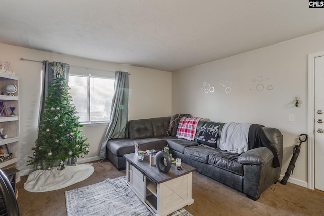 carpeted living room with a textured ceiling