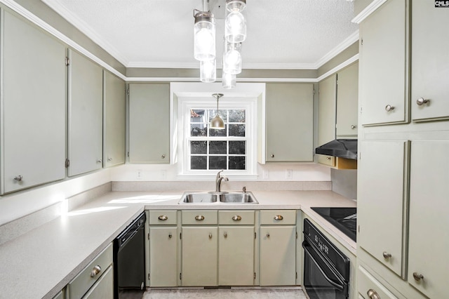 kitchen with sink, hanging light fixtures, ventilation hood, crown molding, and black appliances