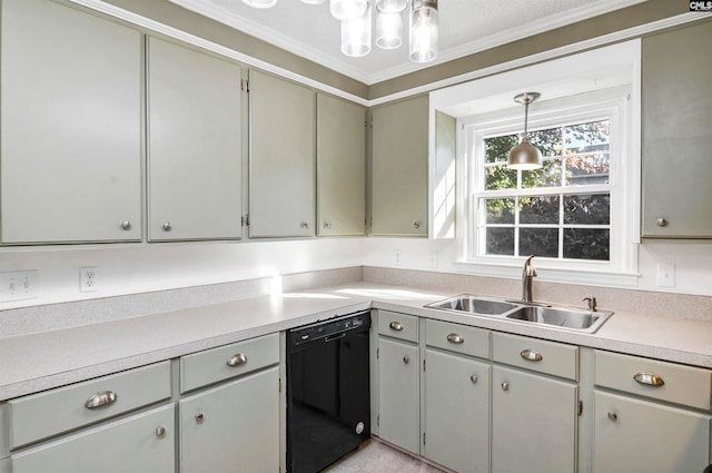 kitchen featuring dishwasher, pendant lighting, ornamental molding, and sink