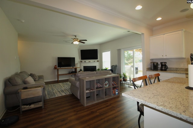 living room featuring ceiling fan, ornamental molding, and dark wood-type flooring