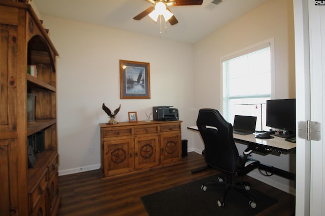 home office featuring ceiling fan and dark wood-type flooring