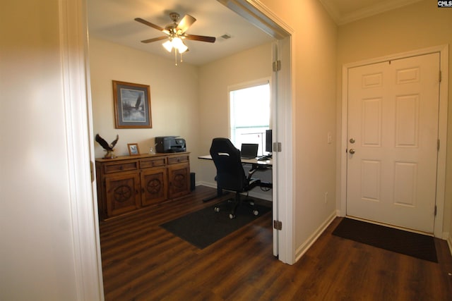 office featuring ceiling fan, dark hardwood / wood-style floors, and ornamental molding