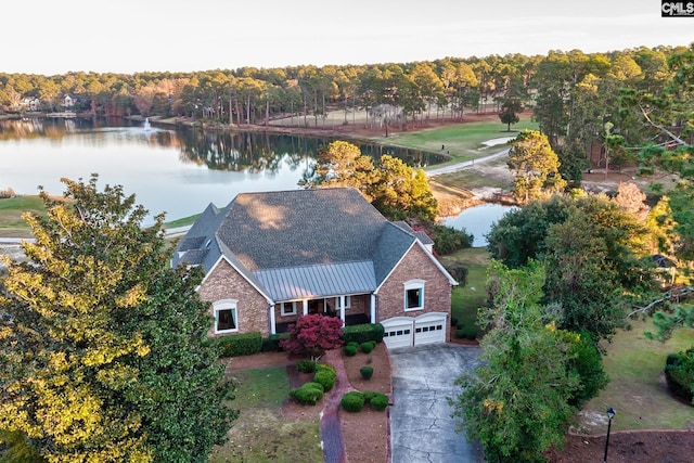 aerial view featuring a water view