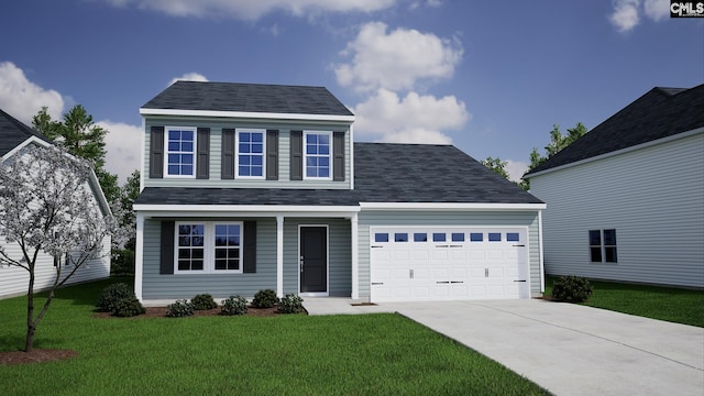 view of front of property featuring a garage and a front lawn