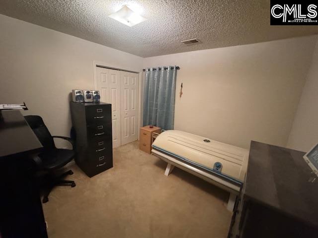 bedroom with light carpet, a closet, and a textured ceiling