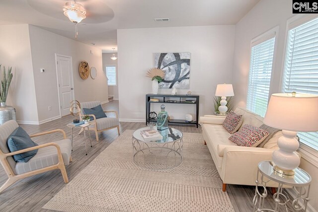 living room with hardwood / wood-style flooring, plenty of natural light, and ceiling fan