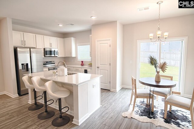 kitchen featuring white cabinetry, stainless steel appliances, a wealth of natural light, and an island with sink